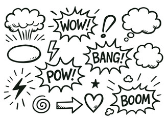 Collection of speech bubbles with different phrases WOW, BOOM, POW. Vector illustration in doodle style.