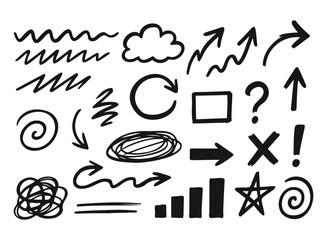 Set of arrows of different shapes in doodle style. Vector illustration eps 10