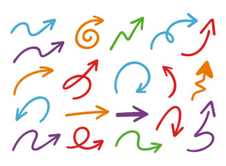 Set of arrows of different shapes in doodle style. Vector illustration eps 10