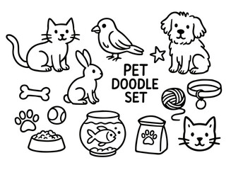 Vector set of pets in doodle style. Hand drawn. Pet accessories elements: bone, paw, leash, food, cat and dog