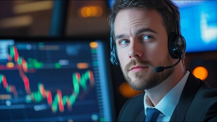 Serious Stock Trader Looks At Camera While On Trading Floor