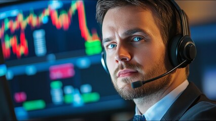 Serious Stock Trader Looks At Camera While On Trading Floor