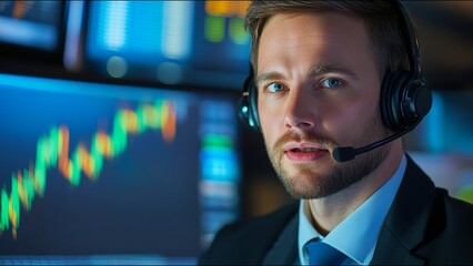 Serious Stock Trader Looks At Camera While On Trading Floor
