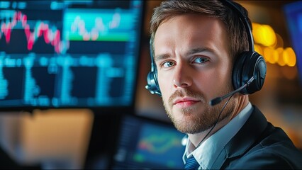 Serious Stock Trader Looks At Camera While On Trading Floor