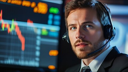 Serious Stock Trader Looks At Camera While On Trading Floor