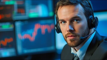 Serious Stock Trader Looks At Camera While On Trading Floor