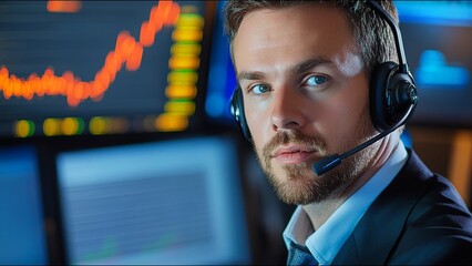 Serious Stock Trader Looks At Camera While On Trading Floor