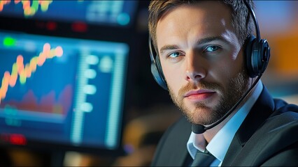 Serious Stock Trader Looks At Camera While On Trading Floor