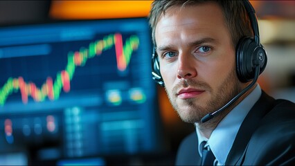 Serious Stock Trader Looks At Camera While On Trading Floor