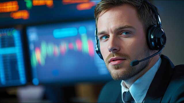 Serious Stock Trader Looks At Camera While On Trading Floor