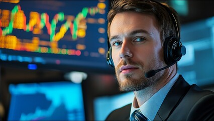 Serious Stock Trader Looks At Camera While On Trading Floor