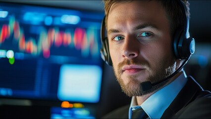Serious Stock Trader Looks At Camera While On Trading Floor