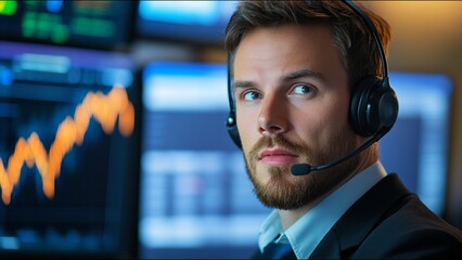 Serious Stock Trader Looks At Camera While On Trading Floor