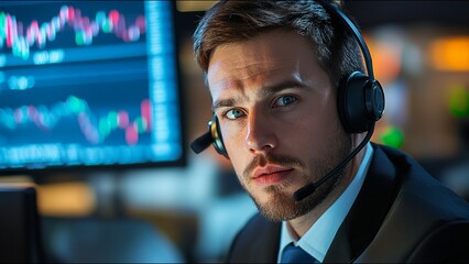 Serious Stock Trader Looks At Camera While On Trading Floor