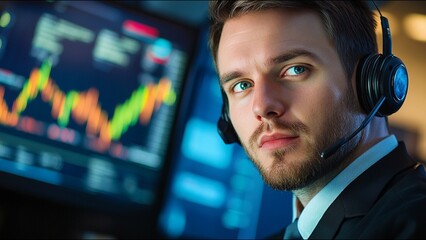 Serious Stock Trader Looks At Camera While On Trading Floor