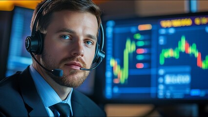 Serious Stock Trader Looks At Camera While On Trading Floor