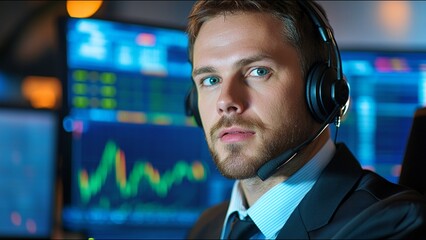 Serious Stock Trader Looks At Camera While On Trading Floor