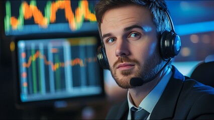 Serious Stock Trader Looks At Camera While On Trading Floor