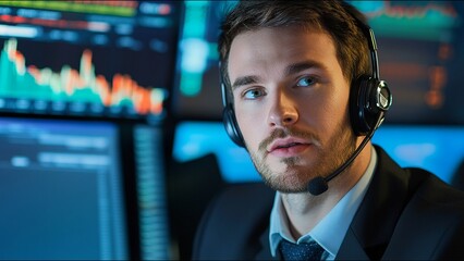 Serious Stock Trader Looks At Camera While On Trading Floor