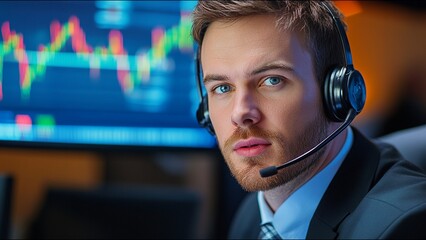 Serious Stock Trader Looks At Camera While On Trading Floor