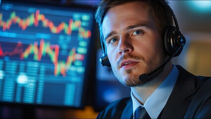 Serious Stock Trader Looks At Camera While On Trading Floor