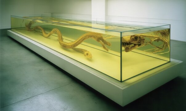 Installazione artistica: Serpente in formaldeide in teca di vetro