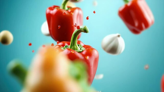 Red pepper and garlic falling in slow motion
