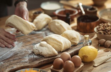 Hands work with yeast dough, showcasing its silky texture and elasticity on a wooden surface, surrounded by natural light and baking ingredients, embodying the art of slow food preparation