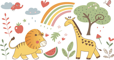 Hand drawn Baby design for textile, posters, cards. Cute Baby animals pattern. Fabric baby design. Vector illustration with cute animals. Nursery baby pattern illustration of a variety Animels.