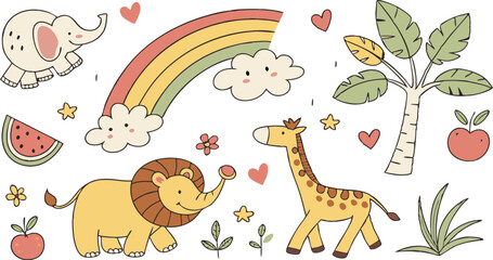 Naklejka premium Hand drawn Baby design for textile, posters, cards. Cute Baby animals pattern. Fabric baby design. Vector illustration with cute animals. Nursery baby pattern illustration of a variety Animels.