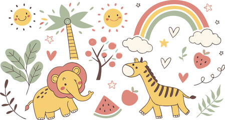 Hand drawn Baby design for textile, posters, cards. Cute Baby animals pattern. Fabric baby design. Vector illustration with cute animals. Nursery baby pattern illustration of a variety Animels.