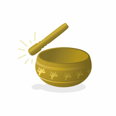 Tibetan singing bowl in gold with floral motif and illustration of a stick hitting the bowl, the bowl looks authentic due to the gold gradient effect
