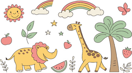 Hand drawn Baby design for textile, posters, cards. Cute Baby animals pattern. Fabric baby design. Vector illustration with cute animals. Nursery baby pattern illustration of a variety Animels.