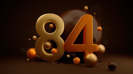 Celebrating milestone with golden '84' chocolate background and scattered spheres for added elegance