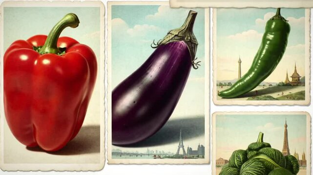 Vegetables And Tourist Landmarks Collage, Artistic Postcard Style