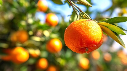 Tangerine on a branch in a tangerine garden. 