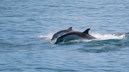 Fototapeta premium Two dolphins leaping in ocean