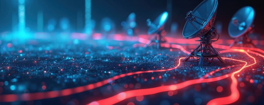 Futuristic visualization spectrum allocation wireless tech. Satellite dishes, glowing network paths, signals transmit. Abstract, dynamic concept digital data, communication, information, innovation.