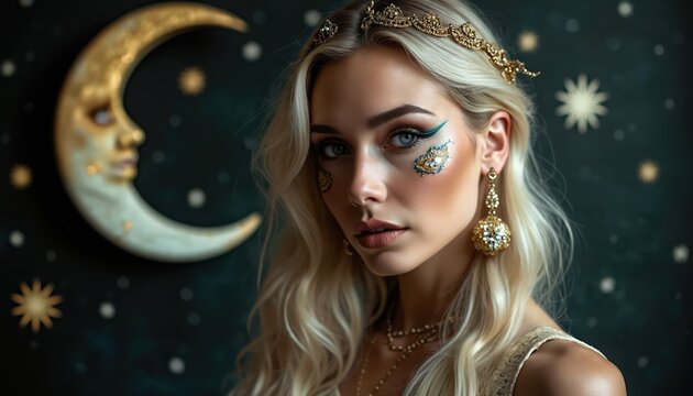 Blonde woman in celestial-themed concept with moon and star decorations. She wears golden jewelry, earrings and has fantasy makeup. Ideal for astrology, tarot, fashion, mystery content.