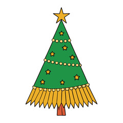Elegant Christmas tree adorned with shimmering gold fringe and twinkling stars, radiating festive charm and holiday warmth in a magical, wintery setting.
