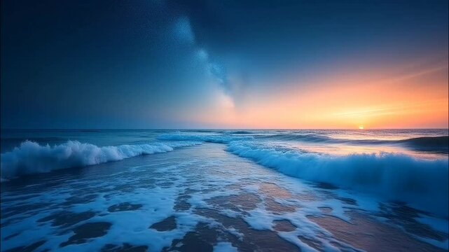 Ocean waves roll under galaxy night sky at sunset horizon in peaceful landscape seamless looping 4k time-lapse animation video background. Nature concept