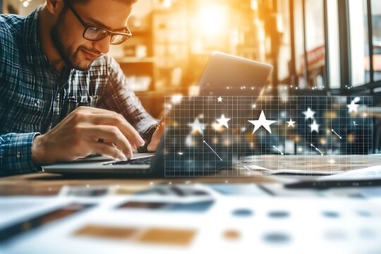 Focused professional working on a laptop amid papers, illuminated by warm cafe light, digital stars overlay.