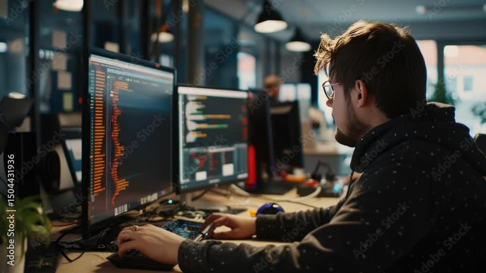Poster young programmer coding on multiple monitors in modern office setting with colorful code displayed o