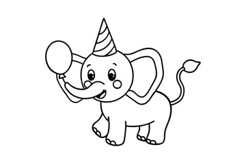 Line art drawing of a baby elephant wearing a party hat and holding a balloon with its trunk.eps