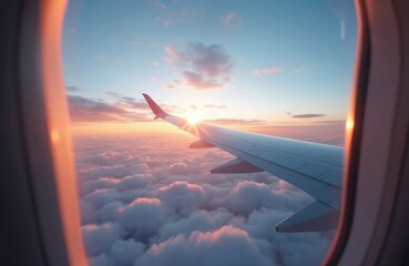 Airplane wing flies above clouds at sunset. View from cabin window. Traveling, tourism, vacation concept. Plane flies over fluffy clouds at sunrise in sky. Beautiful landscape scenery during flight.