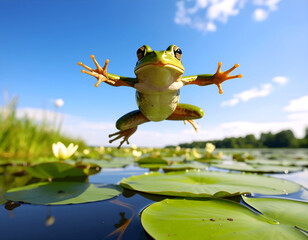 Majestic, Realistic Frog Jumping High Off of a Small Lilypad