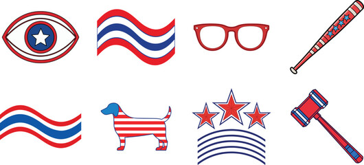 A set of united states themed vector elements featuring stars flags dog baseball bat and other patriotic graphics