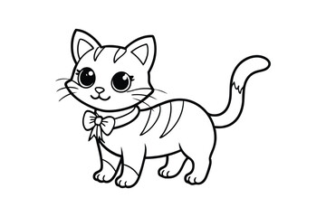 Lin art drawing of a cheerful kitten with big round eyes and a ribbon tied around its neck.eps