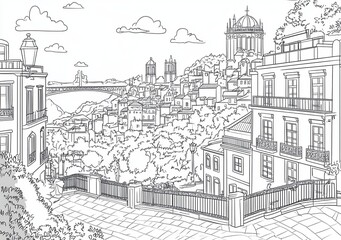 Panoramic Sketch of a Hilltop Cityscape