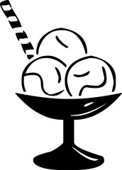 Black and white icon of an ice cream sundae with three scoops and a wafer stick in a dessert bowl.